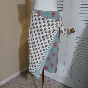 MAEVE faux wrap skirt size 2 Aqua/coral/white knotted waist rear zip floral